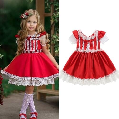 FOCUSNORM Infant Kids Girls Princess Dress Sweet Style Lace Splicing Bow Mesh Short Sleeve A-Line Dress Outfits 1-6Y
