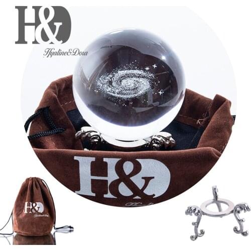H&D 60mm 3D Healing Ball Laser Engraved Galaxy Glass Ball Crystal Miniatures Sphere Home Decoration Accessories with Stand