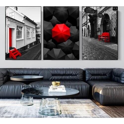 Modern Urban Street Scene Art Canvas Painting Red Umbrella Posters and Prints Wall Pictures Nordic Living Room Home Decoration