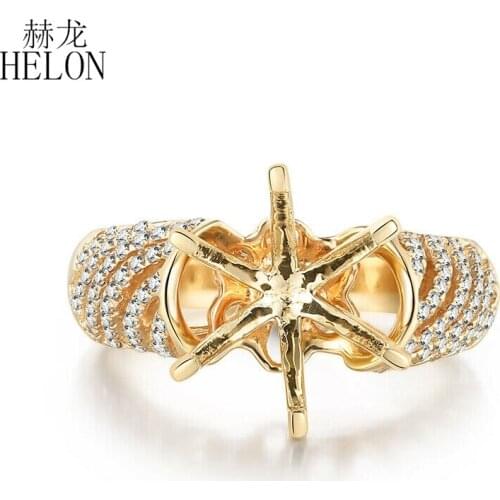 HELON Round 9.5-10mm Solid 14K Yellow Gold AU585 0.3ct Natural Diamond Engagement Wedding Women Jewelry Semi Mount Ring Setting