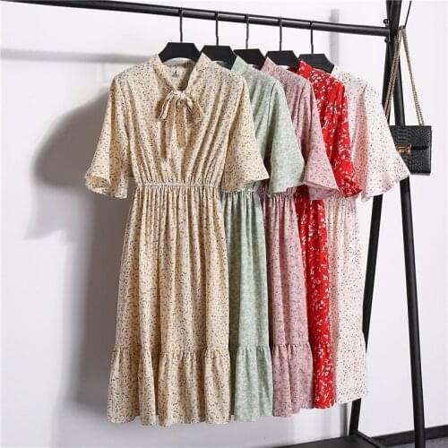 Summer Dress Women Floral Chiffon Short-Sleeved Dress Womens Clothing 2021 Round Neck Ruffles Midi Dresses For Woman Robe Femme