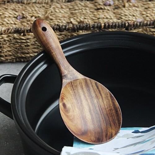 Natural Wooden Rice Spoon Home Kitchen Tool Unpainted Teak Rice Spatula Cooker Hung Household Woman Cook Accessories 18*8Cm