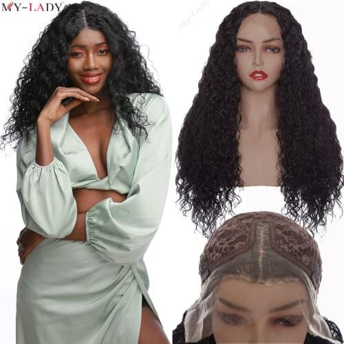 My-Lady 25inch Brazilian T Part Lace Wigs Synthetic Black Kinky Curly Wig Water Wave Afro Wig For Women Wholesale Deep Wave Wigs