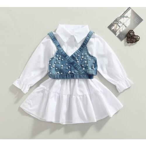 1-6Y Kids Girls Casual Dress Solid Color Long Lantern Sleeve Lapel Shirt Dress + Denim Beading Camisole Loose A-line Dress