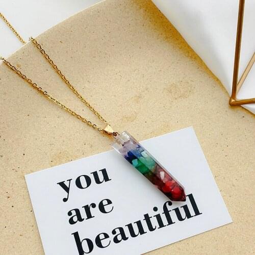 Natural Gravel Seven-color Chakra Spirit Pendulum Handmade Crystal Bullet Hexagonal Column Pendant Necklace for Women Men Party
