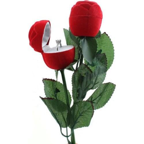 1 Pc Romantic Rose Flower with Rod Ring Box Velvet Creative Gift Box Jewelry Packaging Display Case Wedding Engagement Valentine