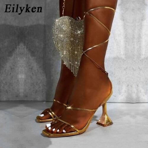 Eilyken Lace Up Sandals Women Hollow Cross-Tied Shoes Fashion Cozy Leather Peep Toe Ankle Strap Ladies Strange Heels Pumps