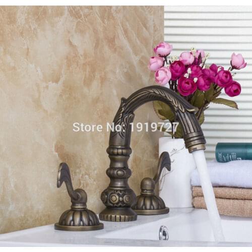 Vidric 100% All Copper Lead Free Antique 3 Piece Sink Faucet Unique Design Double-Arm Bathroom Sink Fixture With Brass Double Ha