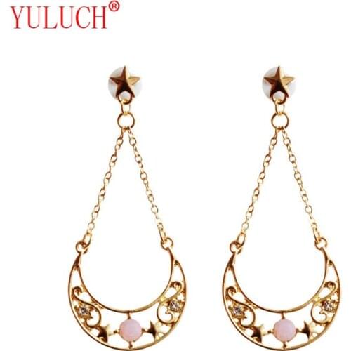 YULUCH 2018 Elegant Girl Star Pattern Pink Acrylic Pearl Zinc Alloy Cutout Moon Fashion Woman Pendant Earrings Gift