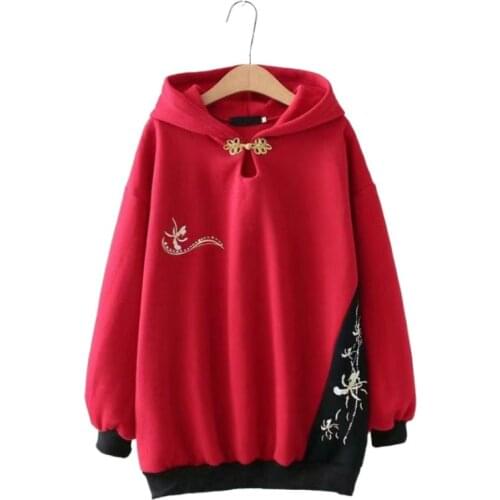 2020 Winter Women Long Hooded Sweatshirt Sweet Style Fleece Red Hoodies Harajuku Floral Embroidery Oversize Kawaii Cute Top