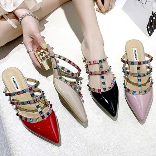 2020 Spring Summer Women Slippers Patent Leather Rivets Slides Medium Heeled Dress Shoes Red Slipper zapatos mujer Pink 8040N
