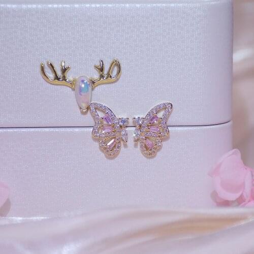 14K Real Gold AAA Cubic Zircon Crystal Butterfly Stud Earrings for Women Cute Pink Earrings