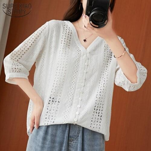 Womens Shirts Large Size Hollow Out Embroidered V Neck Pure Cotton Blouse Woman Loose Slim Cardigan Solid Shirt Top 10224