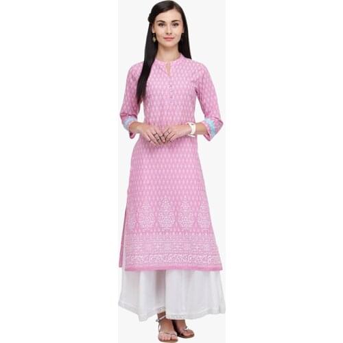 2019 New Style India Fashion Woman Ethnic Styles Printing Costume Cotton Kurtas Spring Summer Pink Dress Beautiful Lady Long Top