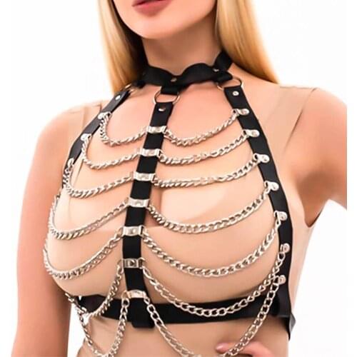 Chain Bra Top Chest Waist Belt Gothic Punk Fashion Body Bondage Erotic Metal Goth Leather Body Harness Erotic Accessories