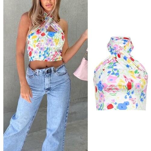 Women Sexy Criss Cross Halter Crop Top Cutout Bandage Backless Floral Camis Vest