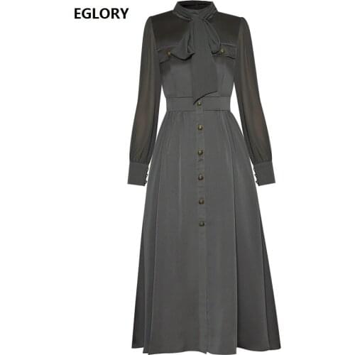 New 2021 Spring Dress High Quality Women Bow Collar Chest Pocket Deco Vintage Buttons Deco Long Sleeve Mid-Calf Army Green Dress