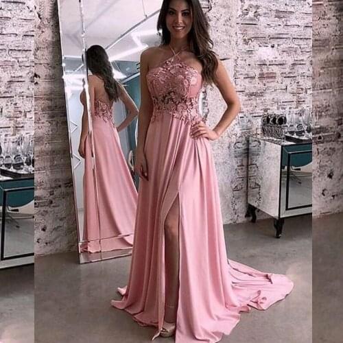2020 Prom Dresses with Applique Halter Neck Sleeveless Evening Gowns Sexy Back Sode Split A Line Cheap Bride Dress