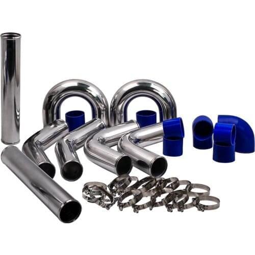 Aluminum Universal Intercooler Pipe Kit 3" 76mm Blue Hose Silicone & T-Clamp