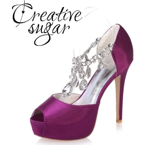 Creativesugar Sexy platform open toe satin pumps crystal diamond tassel strap party bridal wedding prom evening dress shoes heel