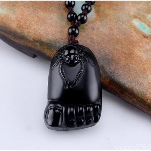 Free shipping Natural Scrub Obsidian Hand Carved Cute Buddha Feet Lucky Pendant Necklace