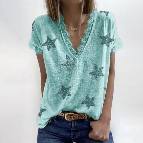 5XL Plus Size Summer Blouses Women Star Print Lace Trim Shirts Casual V-neck Short Sleeve Tops blusas mujer de moda 2021