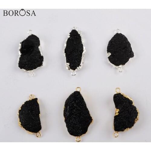 BOROSA Gold Plated Freeform Rough Black Tourmaline Connectors Black Natural Stones for Boho Bracelet Women Necklace Gifs G1819