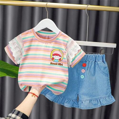 LISUNNY Summer Baby Girls Clothing Sets Rainbow Colors Cartoon Toddler Infant T Shirt Denim Shorts Kids Children Clothes