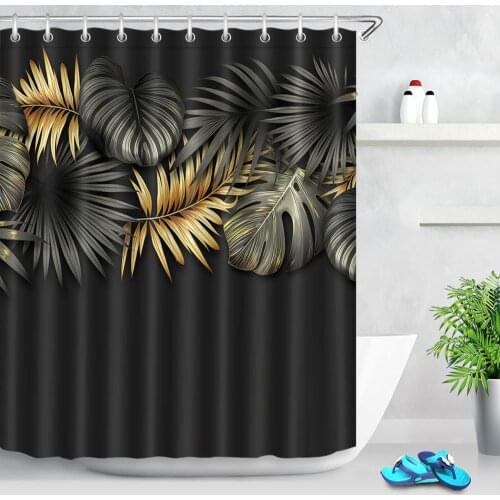 Any Size Pretty Yellow Black Gold Long Palm Leaf Shower Curtain Liner Hooks Sets Bathroom Waterproof Fabric for Bathtub Decor