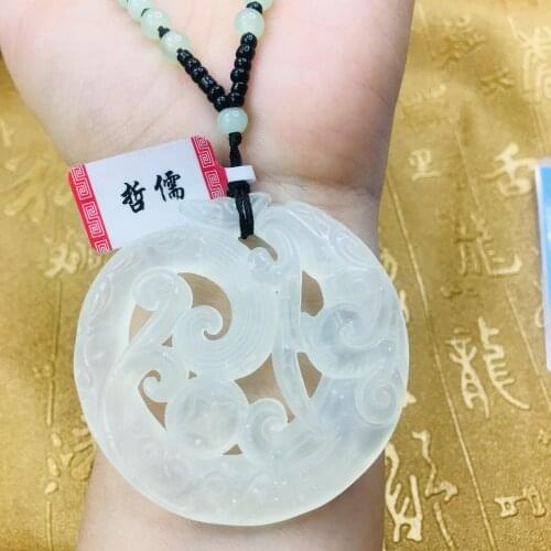 Jade jewellery pure natural A Hetian jade light green hollow rich flower pendant necklace exquisite men and women gifts