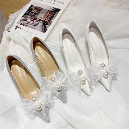 Spring/summer 2021 new pearl bow with pointy heels fairy wind white wedding shoes banquet size 40