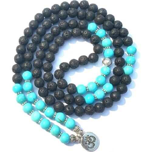 New Design 8mm Natural Black Vocanic Rocks Stone Orchid Pine Lava Rock 108 Mala Long Bracelet or Necklace with OM Pendant Yoga