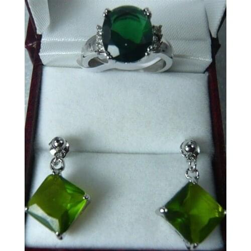 Charming Green Stud Earrings Ring(#7.8.9)Pendant Jewelry Set18K gold plated watch wholesale Quartz stone CZ crystal Jewelry set