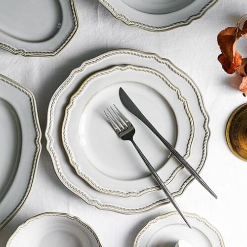 European-style Retro Relief Ceramic Plate Western Dinner Plate Porcelain Tableware Set Creative Steaks Dinner Dish Household Set