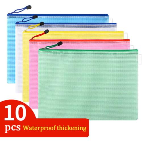 10pcs Mesh Zipper Pouch Document Bag Waterproof Zip File Folders A4 A5 A6 School Office Supplies Pencil Case Storage Bags