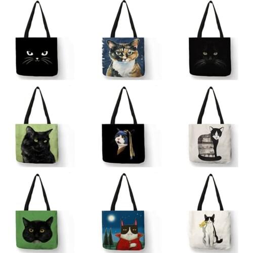 Black Cat Print Animal Art Painting Shopping Hand Bag Women Shoulder Bag Eco Large Graphic Tote Shopper Bag for Boutique