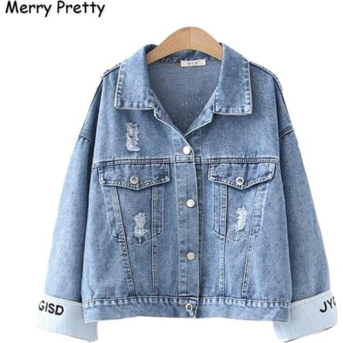MERRY PRETTY Women Letter Embroidery Denim Jackets 2020 Winter Long Sleeve Turndown Collar Jean Jacket Single Breasted Jackets