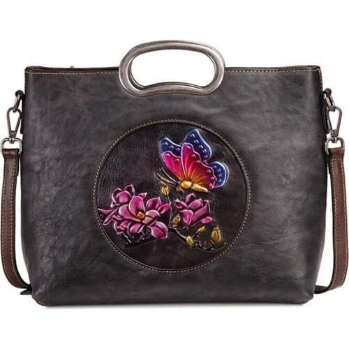 Natural Skin Tote Shoulder Female Bags Floral Pattern Famous Brand Vintage Design Women Genuine Leather Messenger Bag Handbag