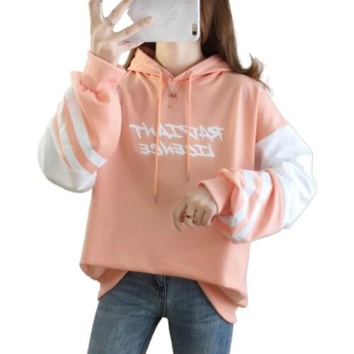 Women Hooded Sweatshirts 2020 Autumn Casual Loose Long Sleeve Hit Color Pullover Femme Patchwork Harajuku Hoodies