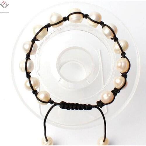 Woman Bracelet 10mm Bright white Pearl black rope handmade bracelet adjustable size Natural Freshwater Pearl