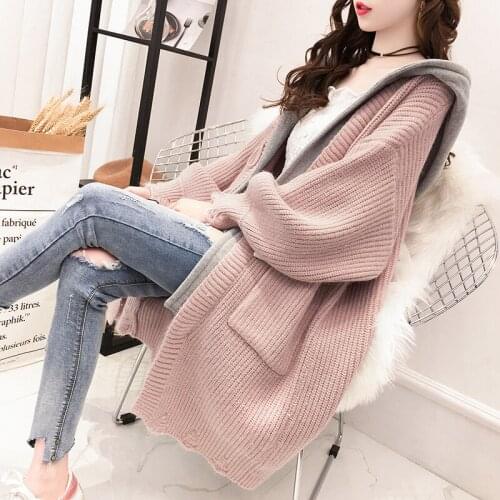 2021 Autumn Women New Medium Length Fake Two Horn Buckle Thick Sweater Cardigan Coat Gentle Wind Hooded Long Sweater coat Female