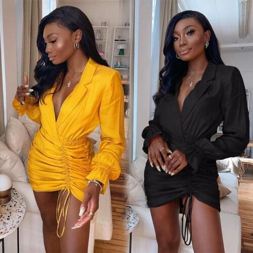 Women Notched Neck Irregular Long Sleeve Draped Side Bodycon Midi Dress Sexy Club Party Pencil Mini Dresses 2021 New