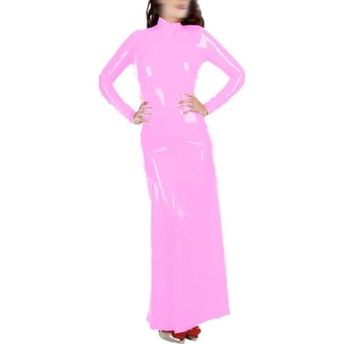 Women Long Sleeve Ankle Dress Bodycon High Neck Vinyl Maxi Dress Wet Look Exotic Plus Size Clothing High Waisted Vintage Dress
