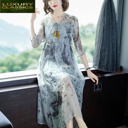 Silk Real Vintage Summer Dress Women Clothes 2021 Korean Elegant Boho Long Vestidos Ladies Floral Sexy Party Dresses 8888