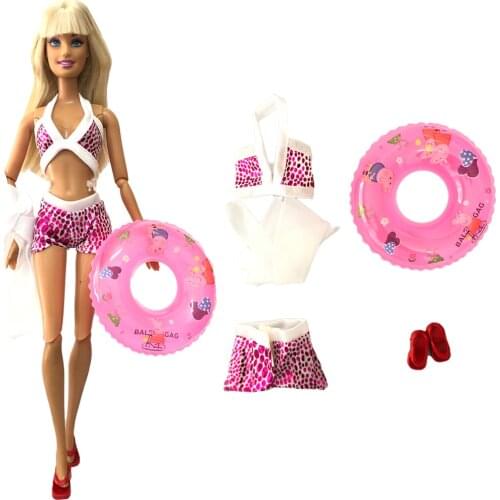1 Set Swimwear Clothes Bikini Outfits = 1x Swimsuit+1x Slippers+1x Swimming Ring Outfit For Barbie Doll