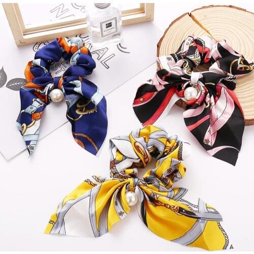 1pc Printed Bowknot Hair Scrunchies Pearl Elastic Rubber Hair Bands for Women Girls Children Ponytail Holder Hair Accessories