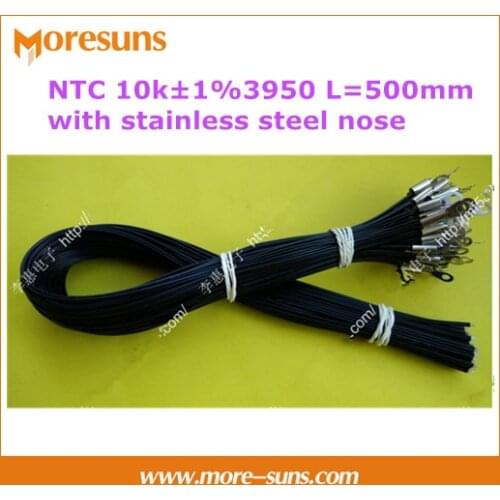 Free ship 50pcs/lot NTC10k 1% 3950 L=500mm with stainless steel nose fixed hole 4 mm cable length 500 mm NTC Sensor