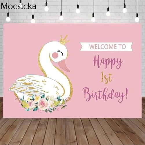 Mocsicka 1st Birthday Backdrop Cisne Blanco Theme Photo Background Studio Pink Wall White Cute Swan Flower Photography Backdrops