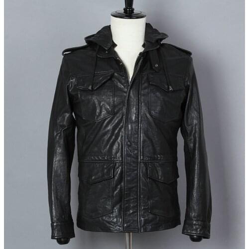 2019 Fashion Mens Hooded Genuine Leather Jacket Black Sheepskin Slim Real Leather Jacket Men Multi-pocket Autumn Winter Coat