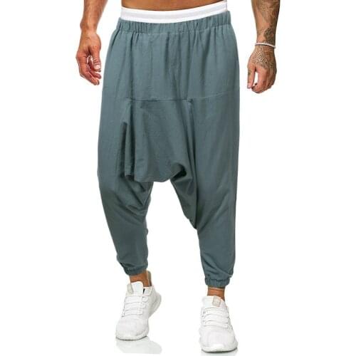 2020 Mens Streetwear Cotton Linen Cross-Pants Men Baggy Solid Black Harem Pants Male HipHop Joggers Trousers Man Wide Legs Pants